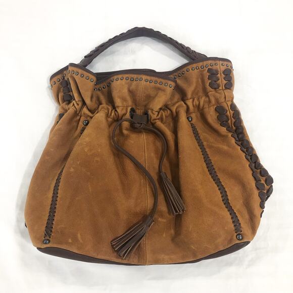 Isabella Fiore Brown Leather Studded Braid Tassle Hobo Bucket Style Bag - Picture 1 of 6